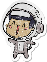 distressed sticker of a happy cartoon astronaut png