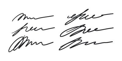 Fake set of autograph samples. Handwritten signatures, certificates and contracts in ink samples of documents and handwritten letters. graphics of business vector