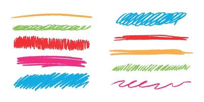 Hand drawn colored pencil lines and scribbles set on a white background. Horizontal straight strokes and strokes collection. Elements of underlining and highlighting vector