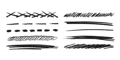 Pencil drawn crossed out elements on a white background. Set of brush lines and strokes in grunge style. Emphasize black graphic elements. Black paint doodle line collection. vector