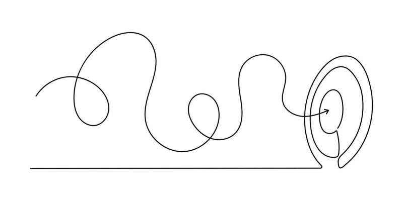 A target with an arrow is a solid line drawing with one line. Side drawn linear meta circle. illustration isolated on white.