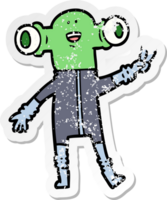 distressed sticker of a friendly cartoon alien giving peace sign png