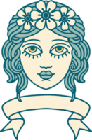 tatouage traditionnel avec bannière de visage féminin avec couronne de fleurs png