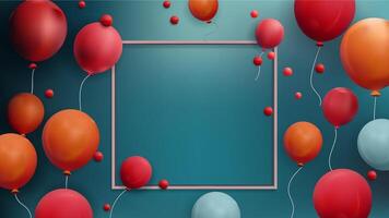 A blue background with a red frame and lots of red and orange balloons vector