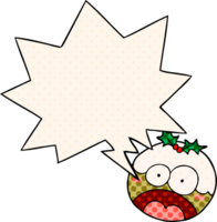 cartoon christmas pudding with shocked face with speech bubble in comic book style png