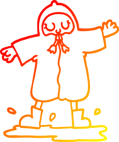 warm gradient line drawing of a cartoon person splashing in puddle wearing rain coat png