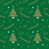 Christmas seamless colorful pattern with cute tree and decorations, with changeable background color. flat illustration vector
