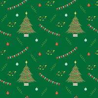 Christmas seamless colorful pattern with cute tree and decorations, with changeable background color. flat illustration vector