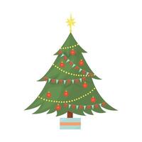 Cute Christmas tree decorated with toys and garlands. Isolated illustration on white background in cartoon flat style vector