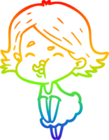 rainbow gradient line drawing of a cartoon girl pulling face png