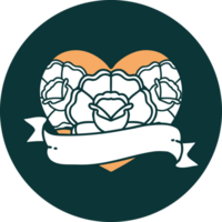 iconic tattoo style image of a heart and banner with flowers png