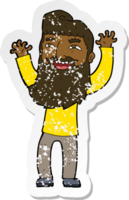 retro distressed sticker of a cartoon happy bearded man waving arms png