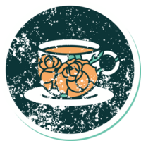 iconic distressed sticker tattoo style image of a cup and flowers png