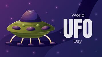 World UFO Day. horizontal cartoon holiday banner with cartoon illustration of a flying saucer in space. vector