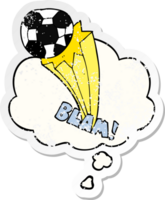 cartoon kicked soccer ball with thought bubble as a distressed worn sticker png