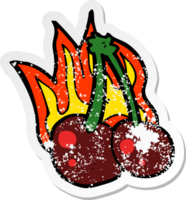 retro distressed sticker of a cartoon flaming cherries png