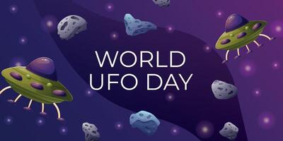 World UFO Day. horizontal cartoon holiday banner with cartoon illustration of a flying saucer in space. vector