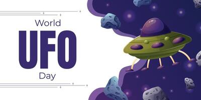 World UFO Day. horizontal cartoon holiday banner with cartoon illustration of a flying saucer in space. vector