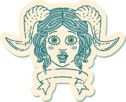 Retro Tattoo Style tiefling character face with scroll banner png