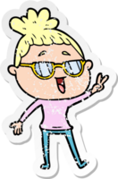 distressed sticker of a cartoon happy woman wearing spectacles png