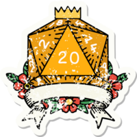 grunge sticker of a natural 20 critical hit D20 dice roll png