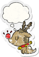 cartoon christmas reindeer with thought bubble as a distressed worn sticker png