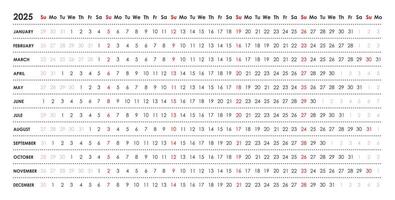 Linear calendar for 2025. Horizontal, week starts on Sunday, English, black and white. vector
