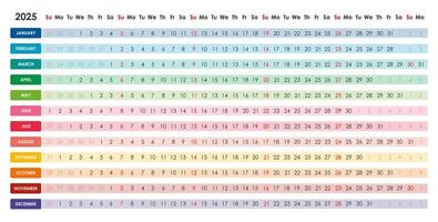 Linear calendar for 2025. Horizontal, color, English. vector