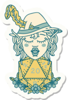 sticker of a elf bard character with natural twenty dice roll png