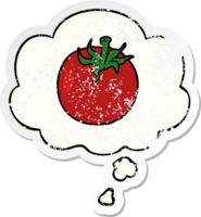 cartoon tomato with thought bubble as a distressed worn sticker png