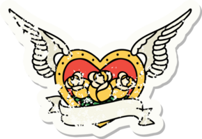 tatouage d'autocollant en détresse dans le style traditionnel d'un coeur volant avec des fleurs et une bannière png