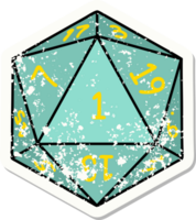 grunge sticker of a natural 1 D20 dice roll png