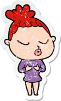 distressed sticker of a cartoon calm woman png