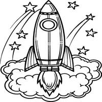 Space rocket in the sky with stars and clouds illustration. Rocket coloring pages. vector