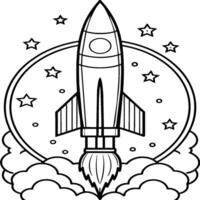 Space rocket in the sky with stars and clouds illustration. Rocket coloring pages. vector