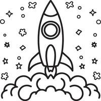 Space rocket in the sky with stars and clouds illustration. Rocket coloring pages. vector