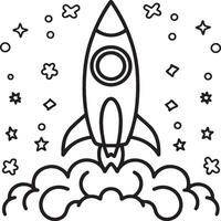 Space rocket in the sky with stars and clouds illustration. Rocket coloring pages. vector