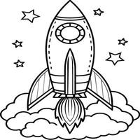 Space rocket in the sky with stars and clouds illustration. Rocket coloring pages. vector