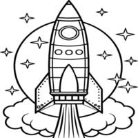 Space rocket in the sky with stars and clouds illustration. Rocket coloring pages. vector