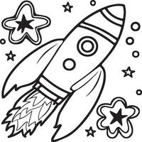 Space rocket in the sky with stars and clouds illustration. Rocket coloring pages. vector