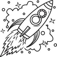 Space rocket in the sky with stars and clouds illustration. Rocket coloring pages. vector