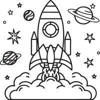 Space rocket in the sky with stars and clouds illustration. Rocket coloring pages. vector