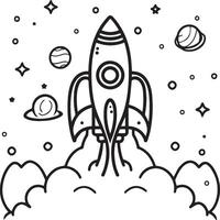 Space rocket in the sky with stars and clouds illustration. Rocket coloring pages. vector