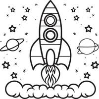 Space rocket in the sky with stars and clouds illustration. Rocket coloring pages. vector