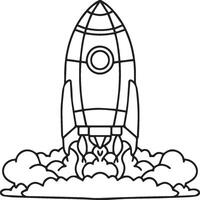 Space rocket in the sky with stars and clouds illustration. Rocket coloring pages. vector
