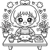 Kawaii girl cartoon coloring pages illustration vector