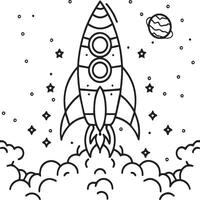 espacio cohete en el cielo con estrellas y nubes ilustración. cohete colorante paginas vector