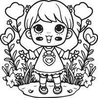 Kawaii girl cartoon coloring pages illustration vector