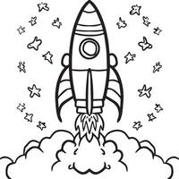 Space rocket in the sky with stars and clouds illustration. Rocket coloring pages. vector