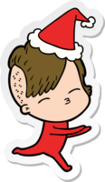 hand drawn sticker cartoon of a girl in onesie wearing santa hat png